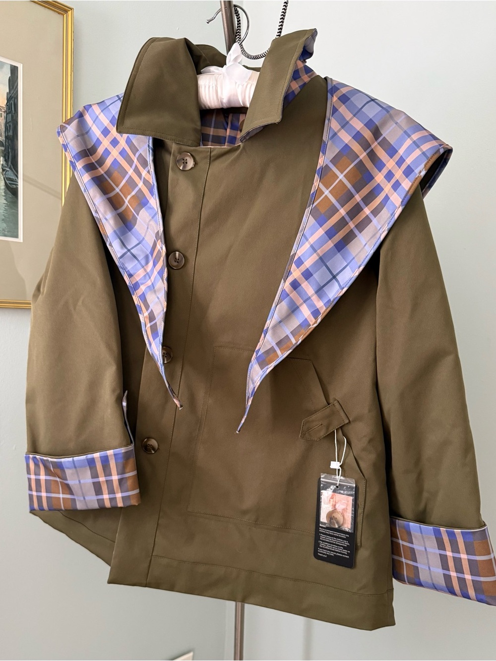 Damson Madder DUPE Olive Crop Trench with Shawl and Reversible to Blue Plaid